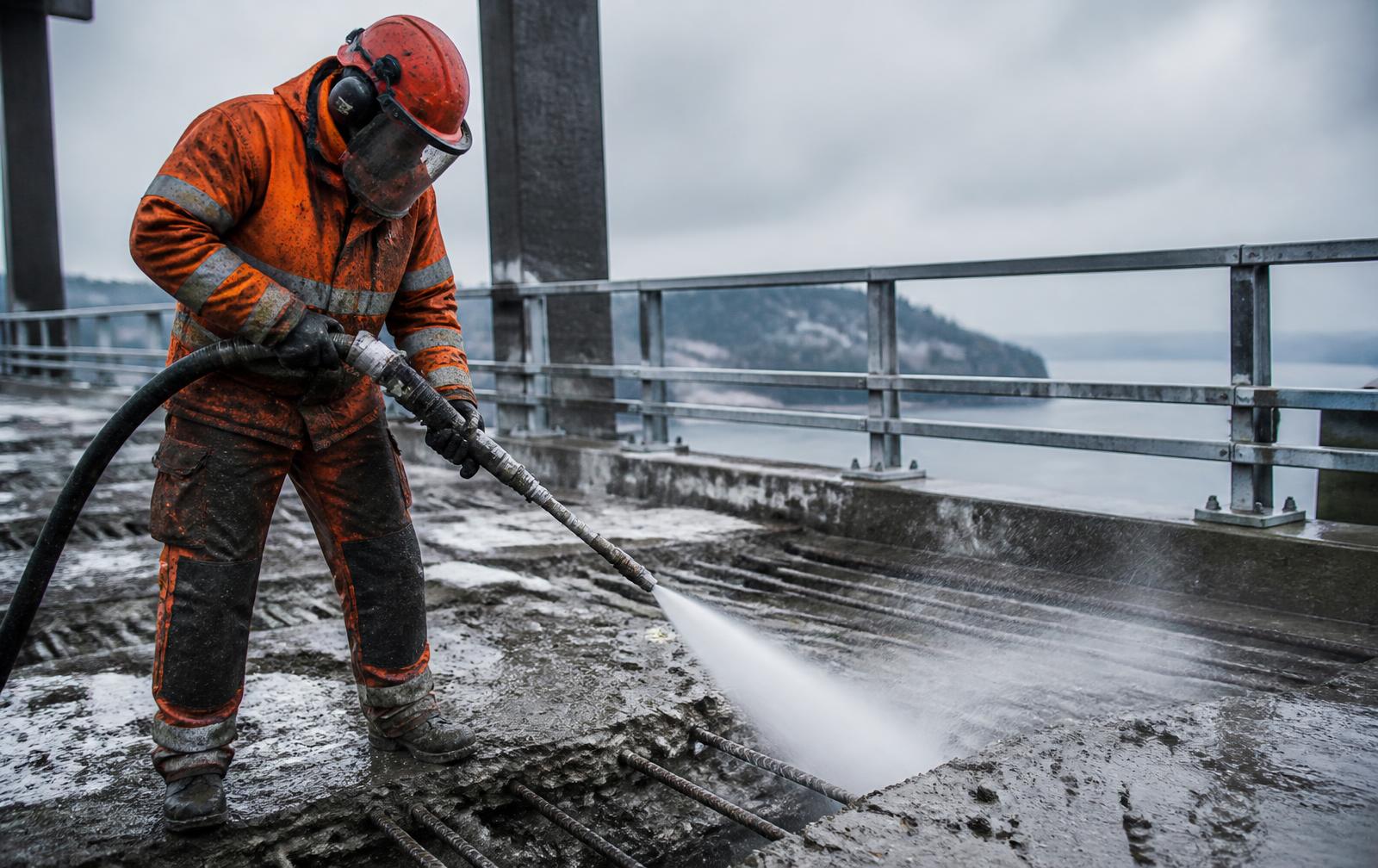 Vattenbilning av brobaneplatta med högtryckslans